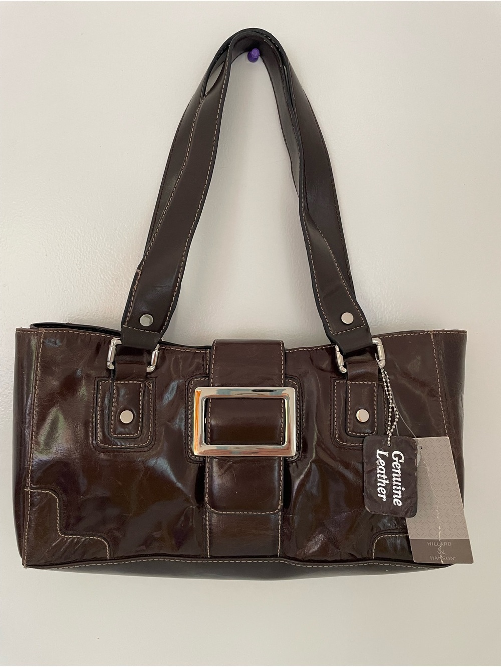 Hillard & Hanson Dark Brown Patent Leather Shoulder Bag with Buckle